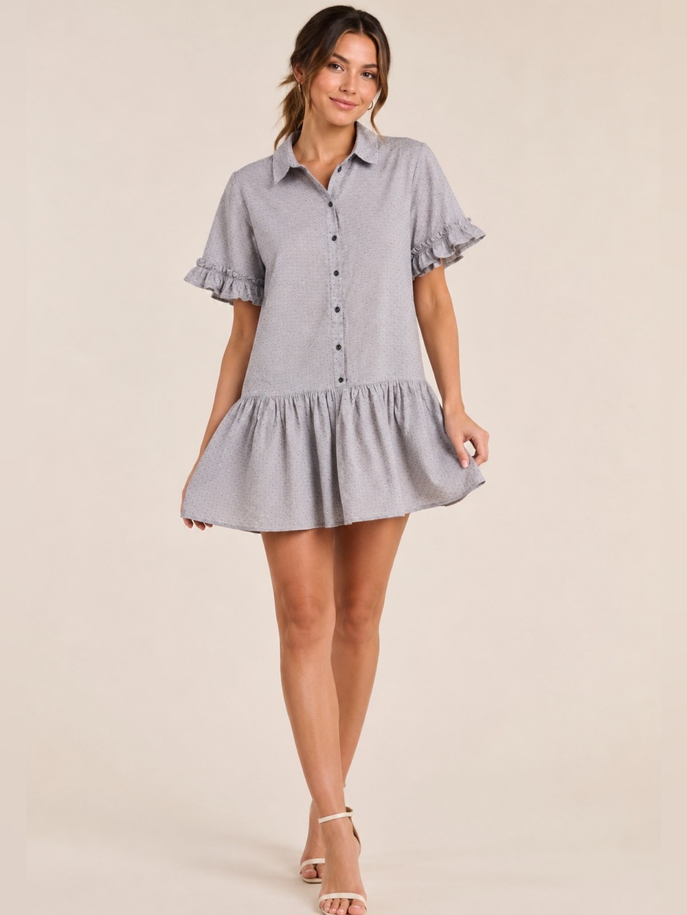 Selected Femme Medium Light Grey Ruffled Tiered Mini Dress Sz 38 European Summer